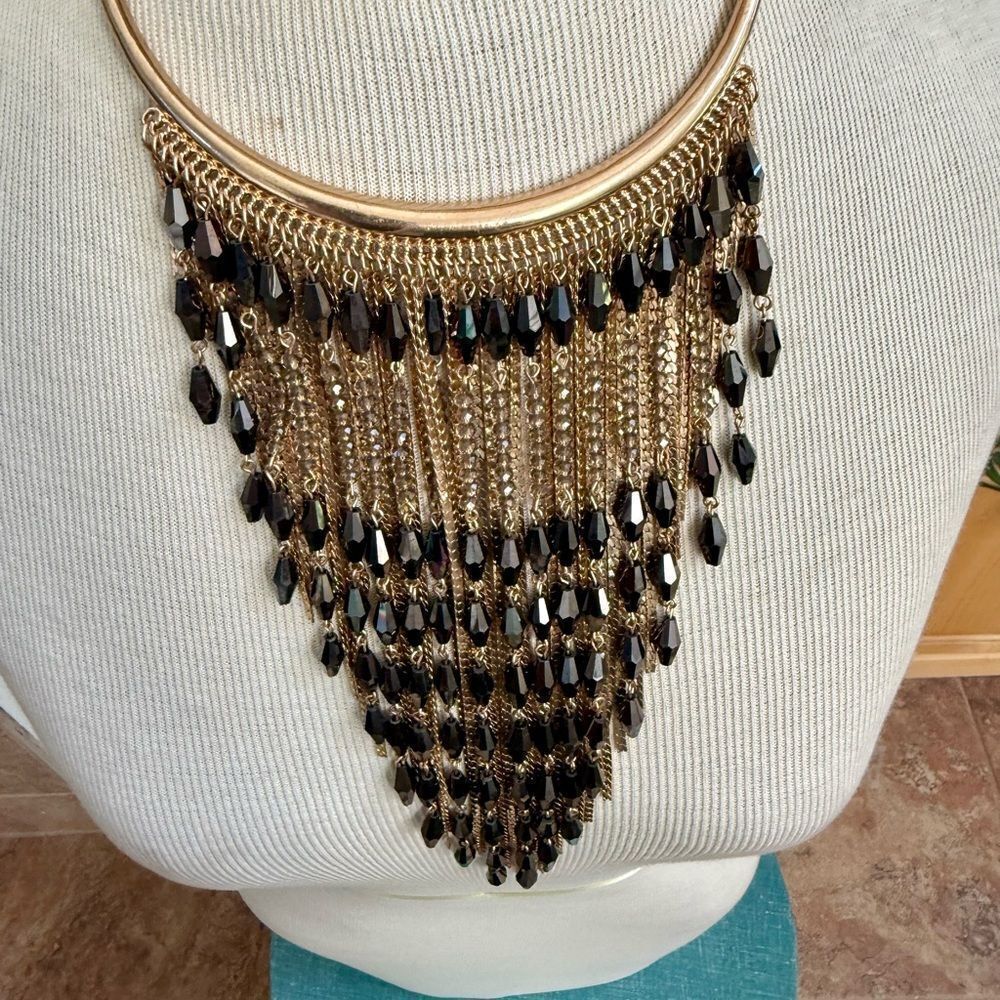 Charming Charlie Gold & Black Fringe Statement Necklace – Early 2010s